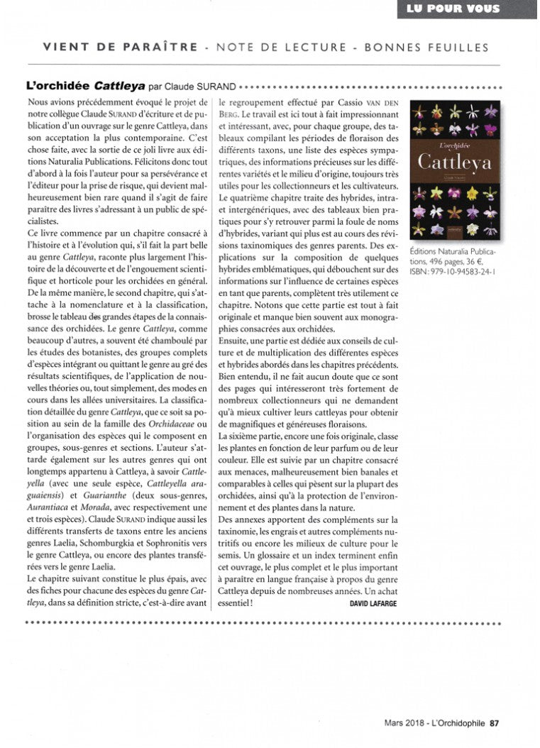 « L’Orchidée Cattleya » dans la revue l’Orchidophile.